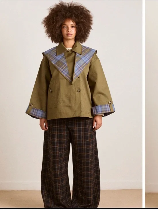 Olive Green Trench Coat with Plaid Trim - Picture 4 of 6